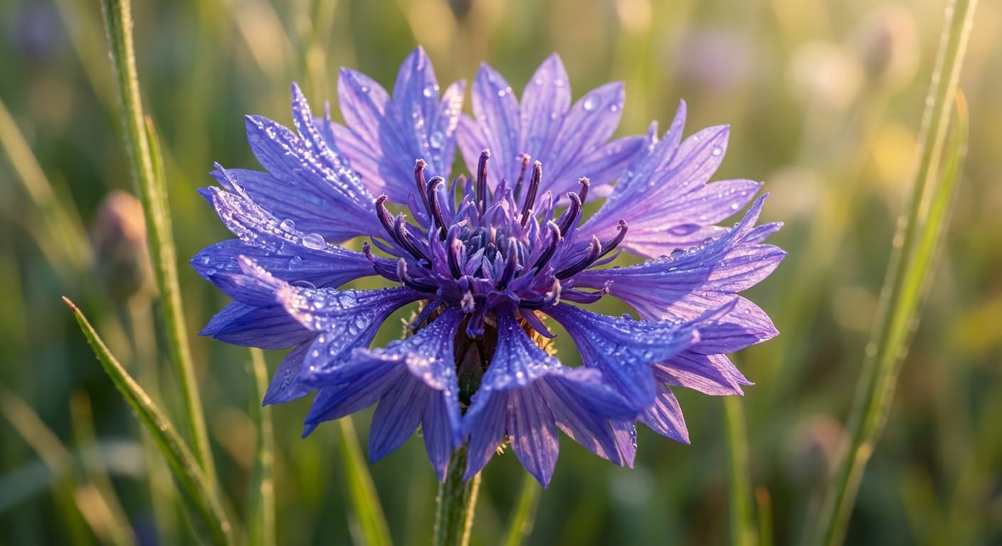 Kwiat chabra bławatka (Centaurea cyanus) w pełnym rozkwicie, ukazany z bliska, z wyraźnymi niebiesko-fioletowymi płatkami na tle łąki.