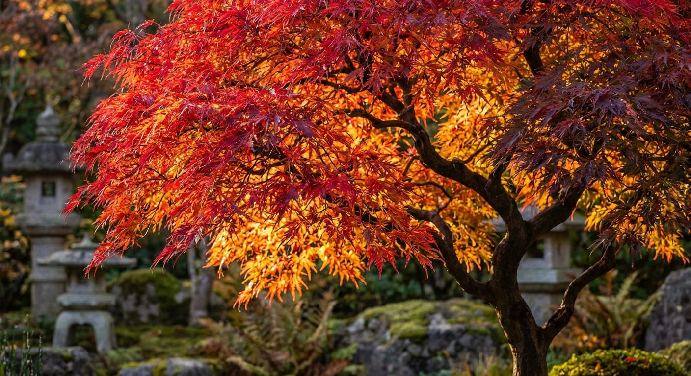 Klon japoński (Acer palmatum) w pełni jesiennych barw, z liśćmi o intensywnych odcieniach czerwieni, pomarańczu i złota.