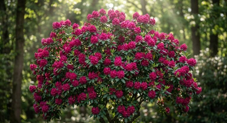 Dorosły różanecznik (rododendron) w pełnym kwitnieniu, prezentujący swoje okazałe kwiaty i bujne liście.