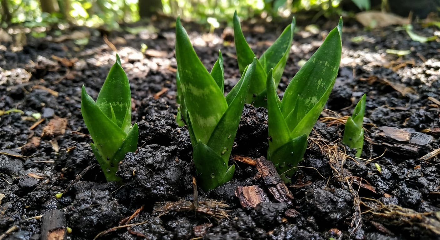 Młoda, zdrowa sadzonka Sansewierii gwinejskiej wyrastająca z ciemnej, żyznej, wilgotnej ziemi, symbolizująca witalność i nowy początek.
