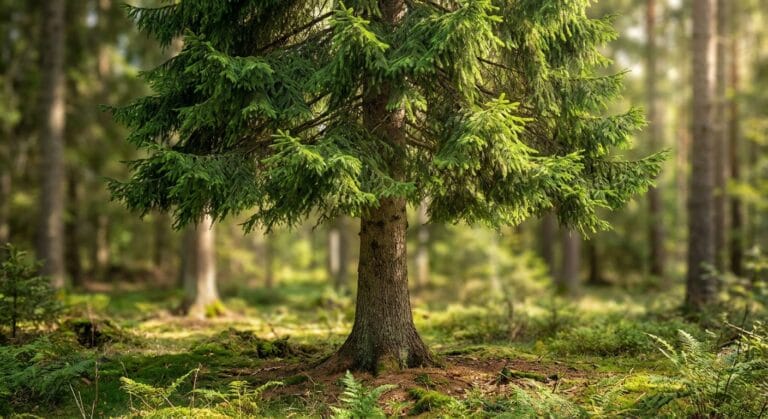 Majestatyczny Świerk pospolity (Picea abies) w pełnej krasie, rosnący w naturalnym lesie.