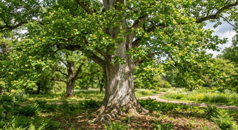 Majestatyczny Tulipanowiec amerykański (Liriodendron tulipifera) w pełnej krasie, kwitnący w naturalnym krajobrazie.