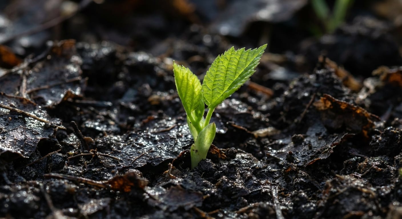 Młoda sadzonka Oczaru Hamamelis wyrastająca z ciemnej, żyznej gleby, symbolizująca witalność.