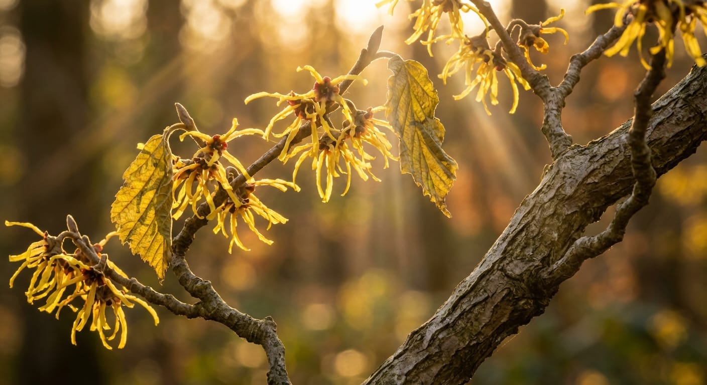 Kwitnący oczar Hamamelis skąpany w złotym świetle zachodzącego słońca, ukazujący grę światła i cienia przenikającego przez liście.