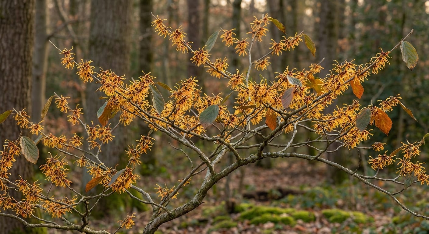 Oczar Hamamelis w pełnej krasie, kwitnący krzew w naturalnym otoczeniu, zdjęcie wyróżniające.