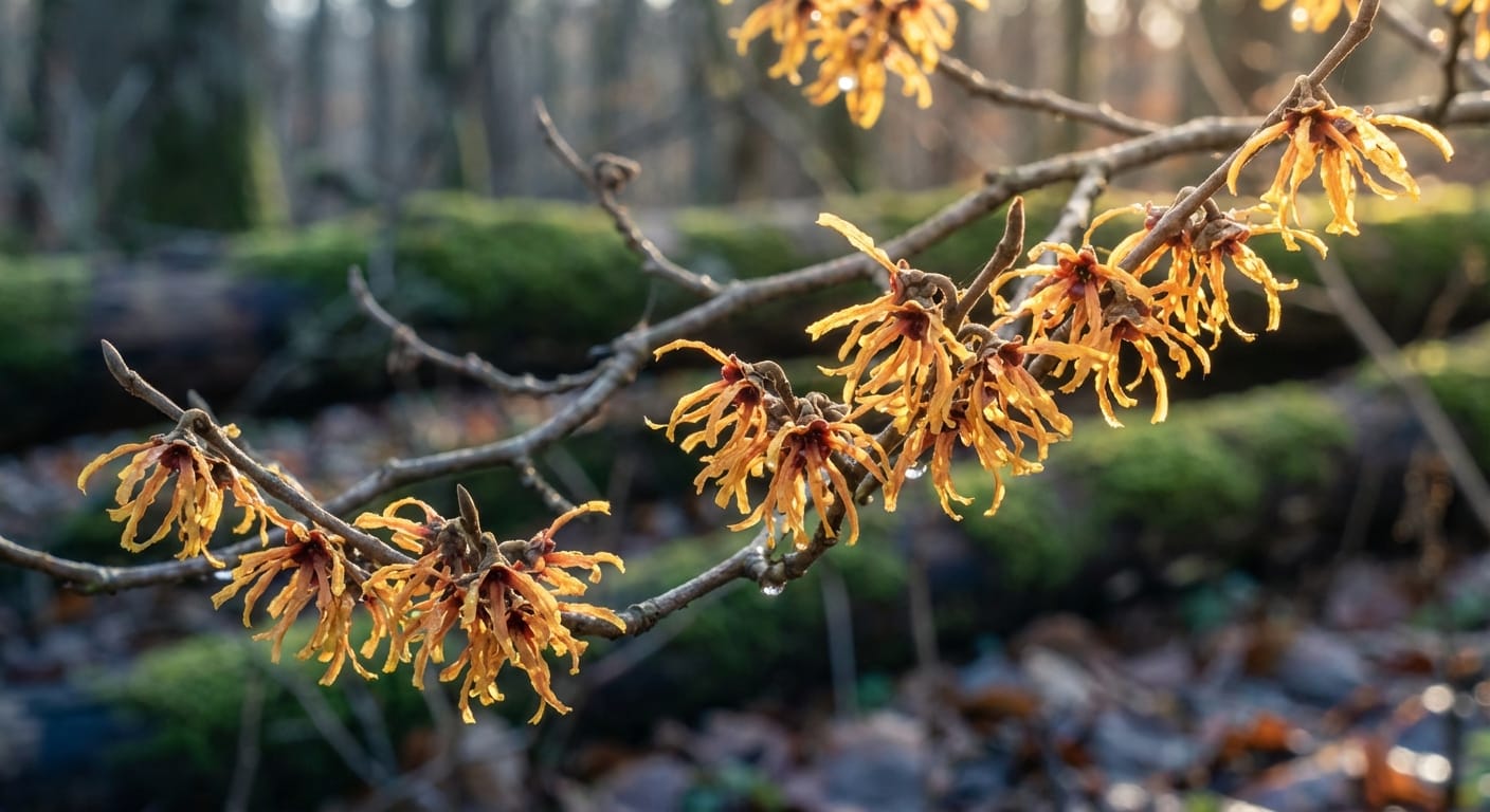 Oczar Hamamelis w pełnym zimowym rozkwicie, z bliska ukazujący charakterystyczne, pająkowate żółto-pomarańczowe kwiaty.