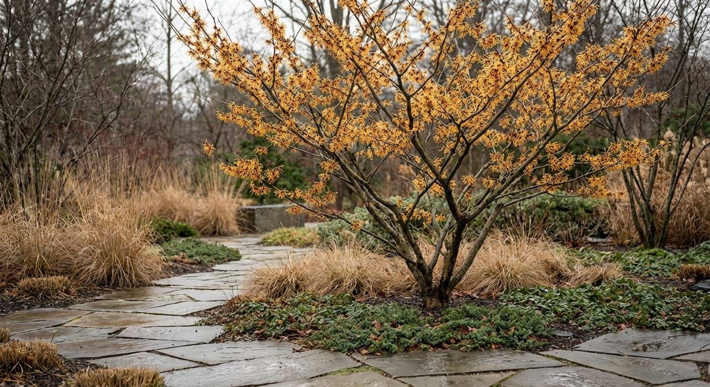 Kwitnący Oczar Hamamelis wkomponowany w nowoczesny ogród z kamiennymi ścieżkami.