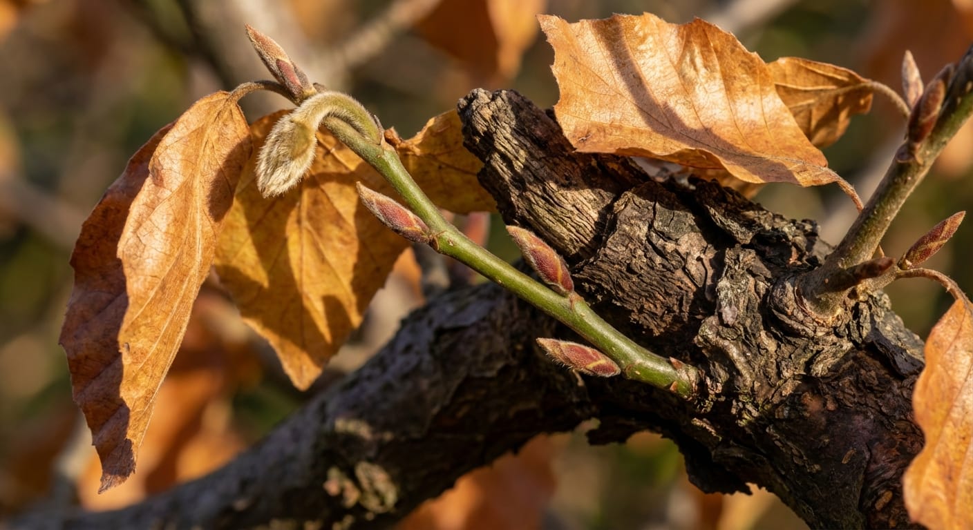 Zbliżenie na kontrastujące tekstury oczaru Hamamelis: delikatne liście i chropowata kora.