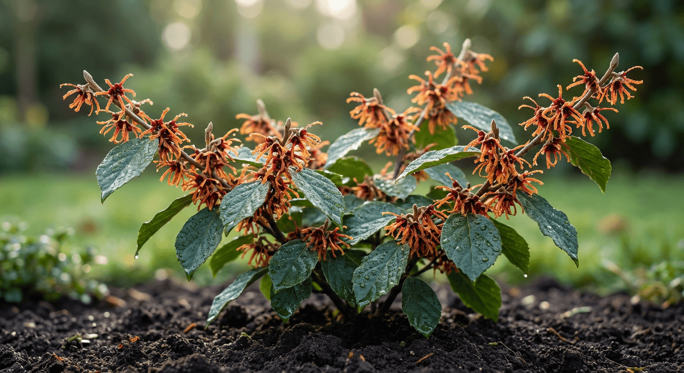 Zdrowy i pięknie uformowany krzew Oczar Hamamelis z żywymi kwiatami.