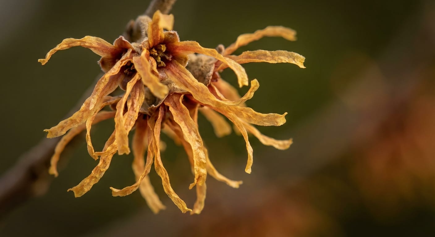 Makro zbliżenie na unikalny, nitkowaty kwiat Oczaru Hamamelis w odcieniach żółci i pomarańczu.